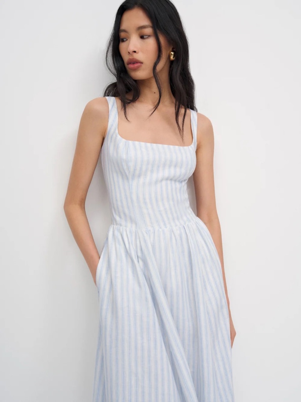 NEW Reformation Janu Midi Linen Dress Swan Stripe Blue White | US 4 / UK 8